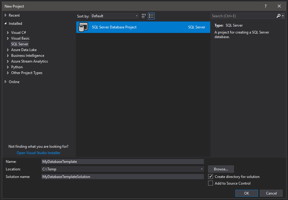 Visual Studio – Create SQL Database Project Template – John Xiong